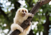 Cu Li: Sinh Vật Đáng Yêu Chứa Đoạt Mệnh Nọc Độc Nơi Cánh Tay Cu li (Slow loris) bám chặt vào cành cây nhìn thẳng vào ống kính với đôi mắt to tròn đặc trưng